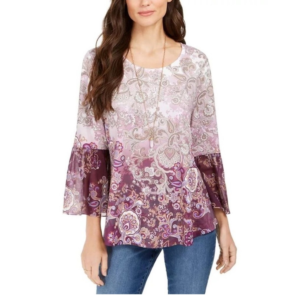 Style & Co Printed Babydoll Tunic Size Medium Purple White Ombré Bell Sleeves